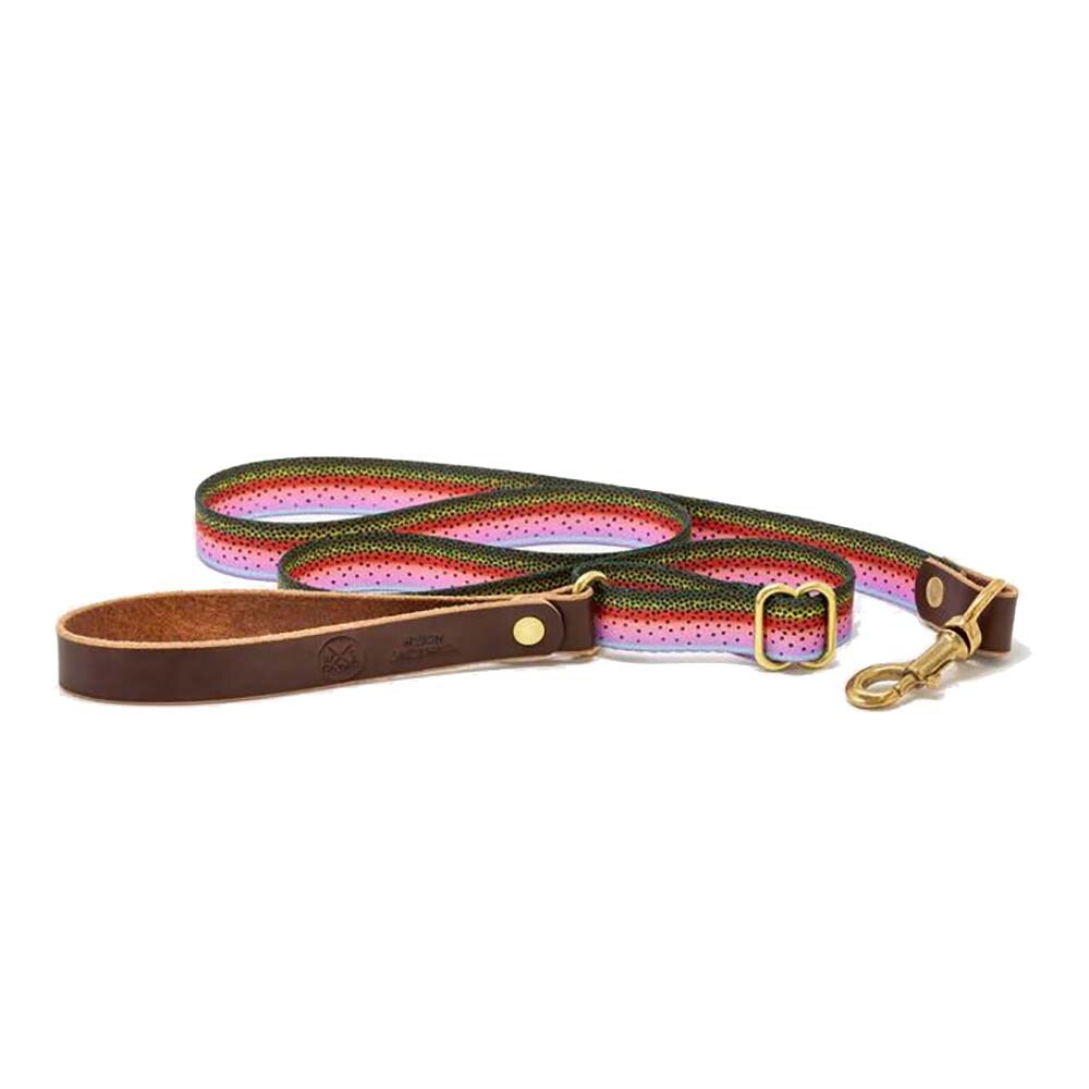 Whiskey Leatherworks Webbing Fish Print Dog Leash in Rainbow Trout